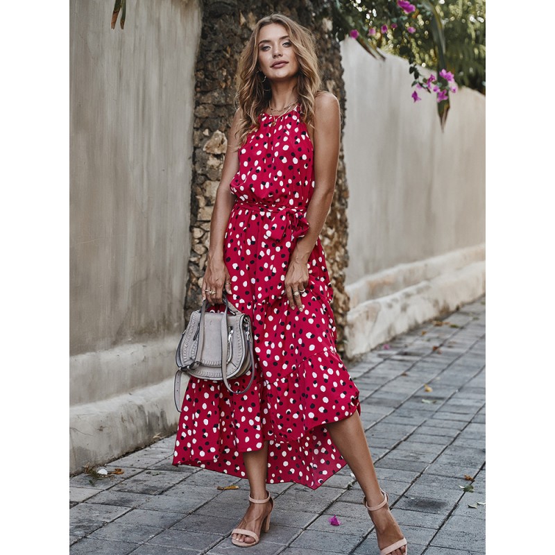 Women Maxi Dress Straps Neck Sleeveless Printed Floor Length Dress Bohemian Summer