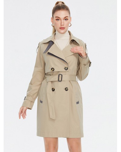 Women Trench Coat Lapel Buttons Belted Windproof Outerwear Trench Coats Spring Fall Street Wear Daily Casual