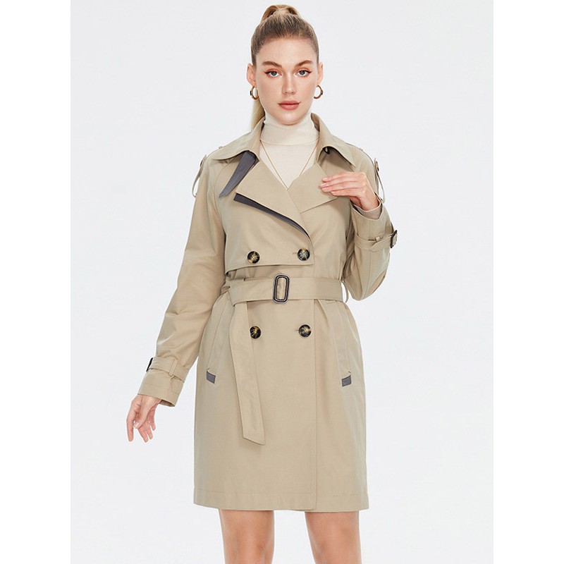 Women Trench Coat Lapel Buttons Belted Windproof Outerwear Trench Coats Spring Fall Street Wear Daily Casual