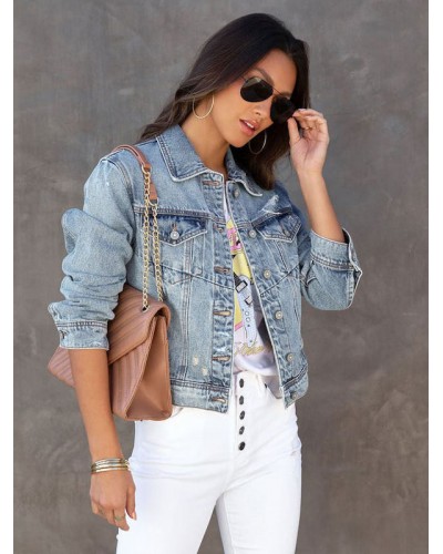 S Turndown Collar Casual Outerwear For Women Denim Jacket Spring Fall