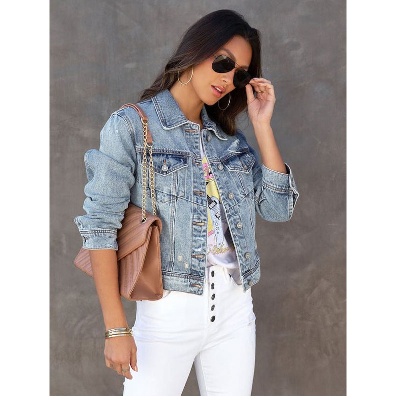 S Turndown Collar Casual Outerwear For Women Denim Jacket Spring Fall