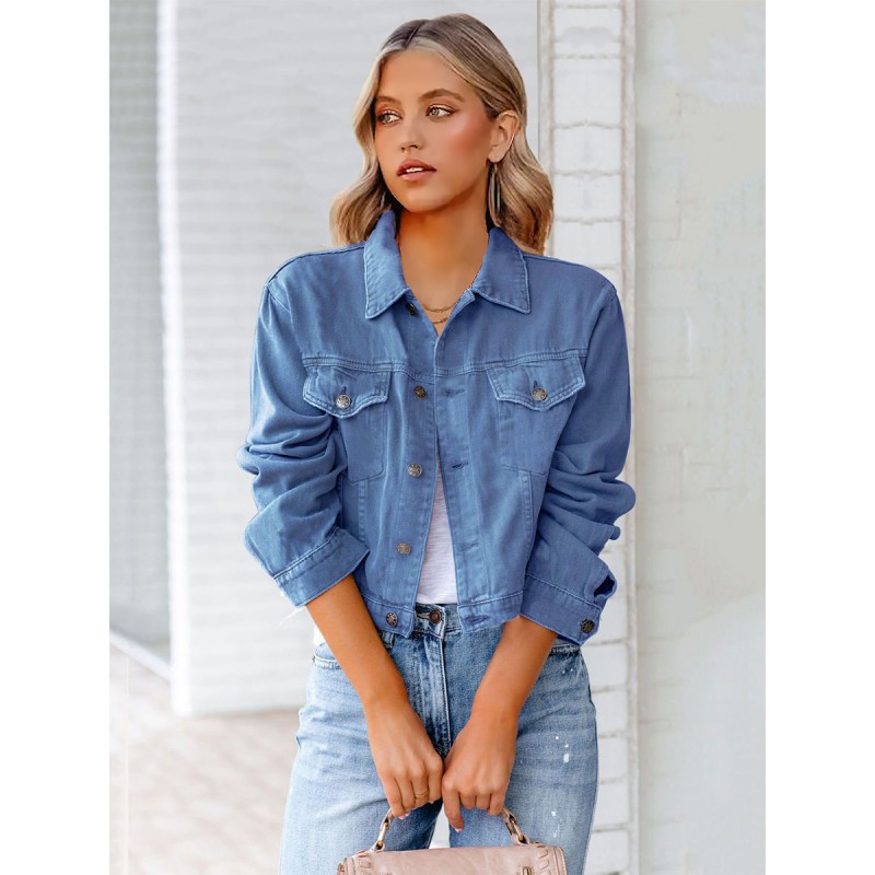 Women Jacket Turndown Collar Buttons Denim Outerwear Cowboy Casual Street Wear Daily Casual