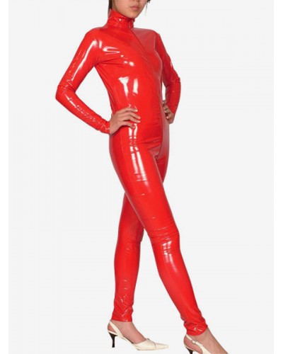 Unisex Carnival PVC Catsuit Red Shiny Metallic Full Bodysuit Britney Spears Costume Solid