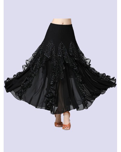 Ballroom Dance Costumes Black Milk Silk Sequins Ruffles Long Skirt Ballroom Dancer Dance Dress