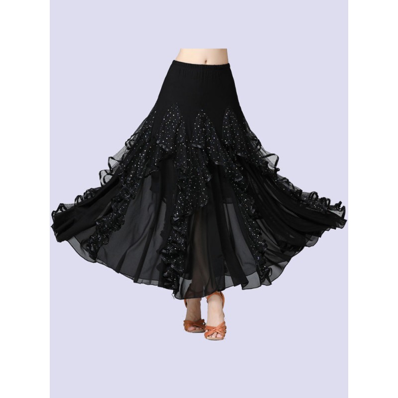 Ballroom Dance Costumes Black Milk Silk Sequins Ruffles Long Skirt Ballroom Dancer Dance Dress