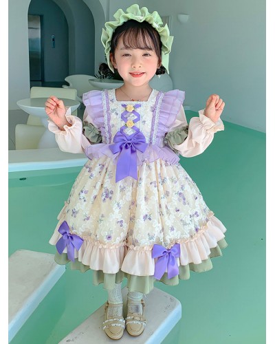 Polyester Tea Party Ruffles Long Sleeves Polyester Fall Dress Floral Print Style Ecru White Kids' Lolita Dresses Sweet ROCOCO