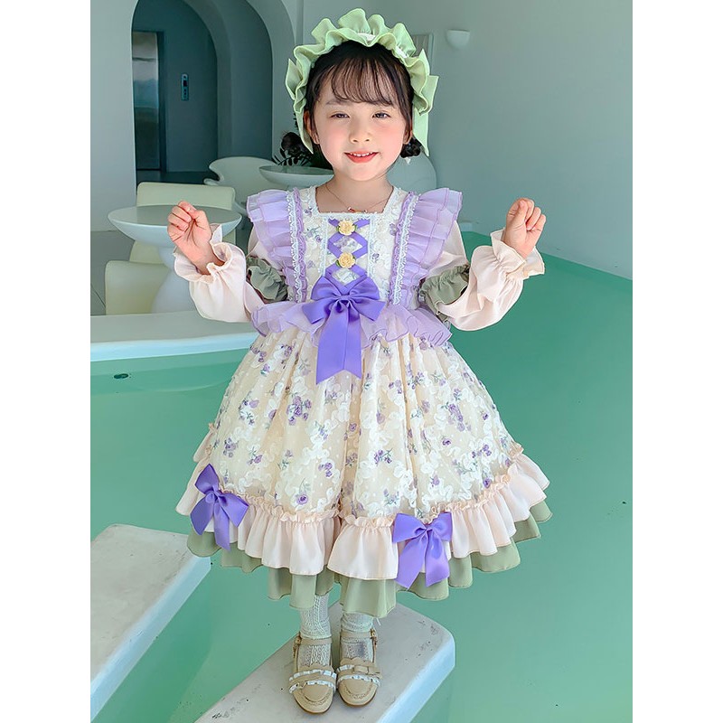 Polyester Tea Party Ruffles Long Sleeves Polyester Fall Dress Floral Print Style Ecru White Kids' Lolita Dresses Sweet ROCOCO