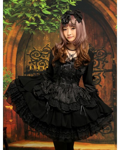 Black Lolita One Piece Dress Long Hime Sleeves Lace Up Layers Lace Trim Gothic Fall Tea Party