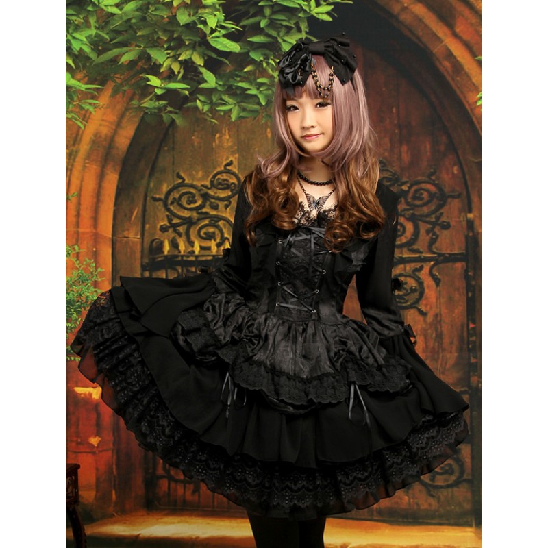 Black Lolita One Piece Dress Long Hime Sleeves Lace Up Layers Lace Trim Gothic Fall Tea Party