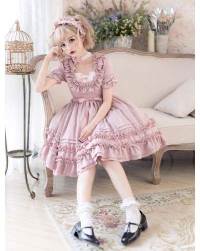 Lolita OP Dress Ruffle Bow Pleated Cotton Lolita One Piece Dress Sweet Spring Fall Tea Party