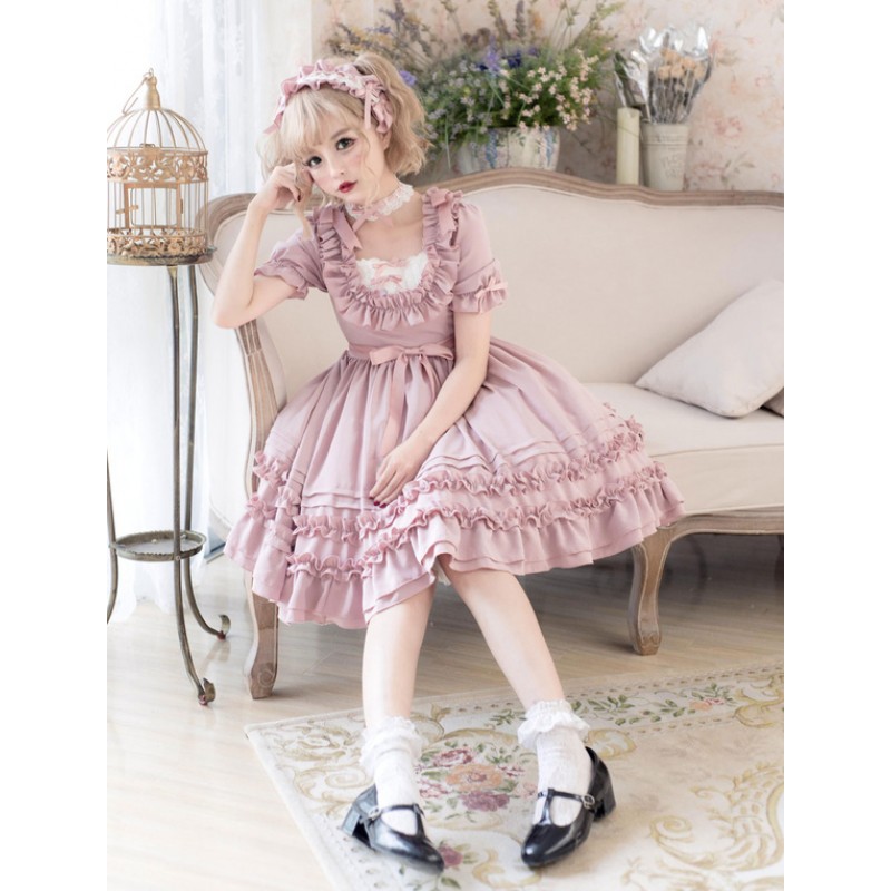 Lolita OP Dress Ruffle Bow Pleated Cotton Lolita One Piece Dress Sweet Spring Fall Tea Party