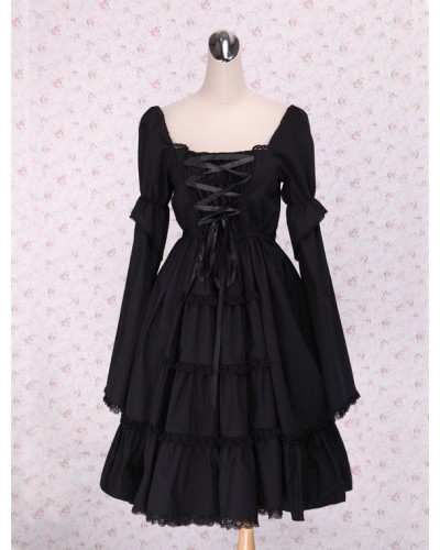 Pure Black Lolita One-piece Dress Long Sleeves Lace Up Shirring Gothic Fall Tea Party