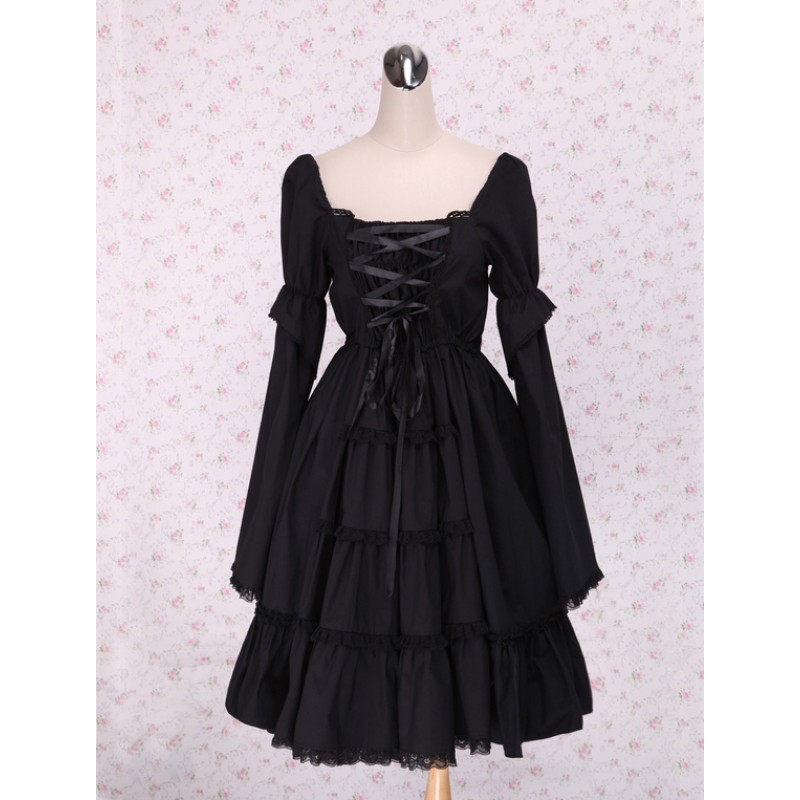 Pure Black Lolita One-piece Dress Long Sleeves Lace Up Shirring Gothic Fall Tea Party