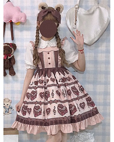 Lolita JSK Dress Chocolate Love Song Print Ruffle Pink Lolita Jumper Skirt Sweet Spring Summer Daily Casual Tea Party