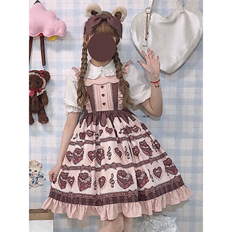 Lolita JSK Dress Chocolate Love Song Print Ruffle Pink Lolita Jumper Skirt Sweet Spring Summer Daily Casual Tea Party