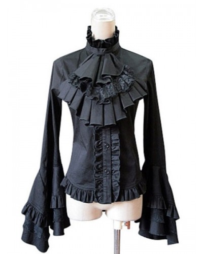 Gothic Lolita Blouse Lace Patch Cotton Pleated Bow Ruffles Two Tone White Lolita Top Spring Summer Fall Winter