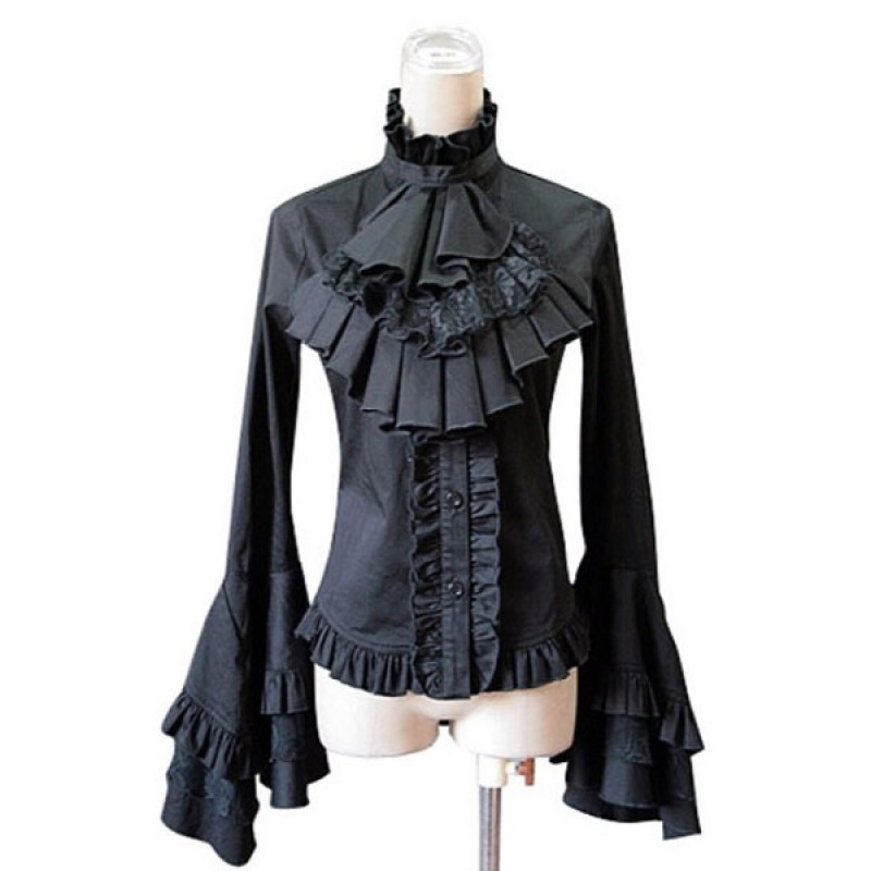 Gothic Lolita Blouse Lace Patch Cotton Pleated Bow Ruffles Two Tone White Lolita Top Spring Summer Fall Winter