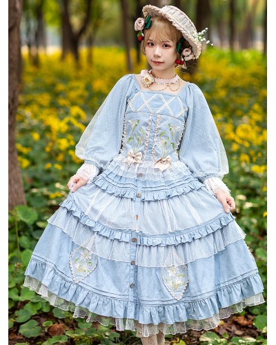 Classic Lolita Blouses Infanta Bows Lace Long Sleeves Lolita Top Top Floral Print Blue Gray Lolita Shirt Tops Sweet Classic  Traditional ROCOCO Spring Summer Fall Daily Casual Tea Party