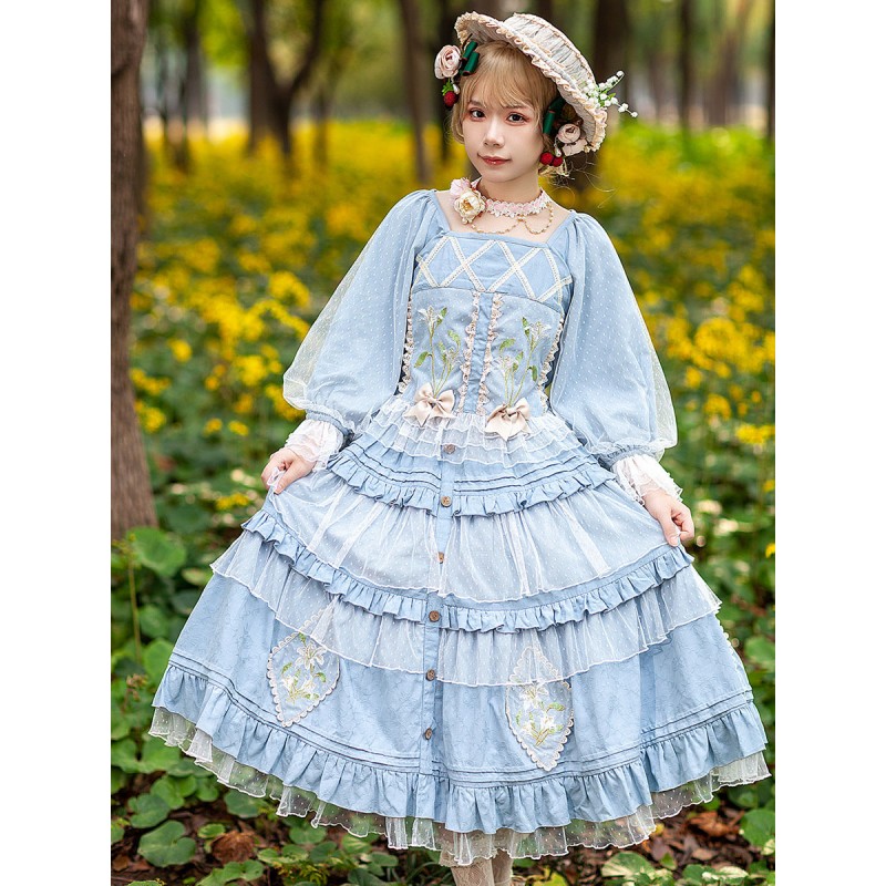 Classic Lolita Blouses Infanta Bows Lace Long Sleeves Lolita Top Top Floral Print Blue Gray Lolita Shirt Tops Sweet Classic  Traditional ROCOCO Spring Summer Fall Daily Casual Tea Party