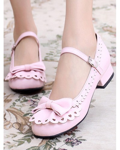 Sweet Lolita Shoes Round Toe Chunky Heel Bows Cut Out Pink Lolita Shoes