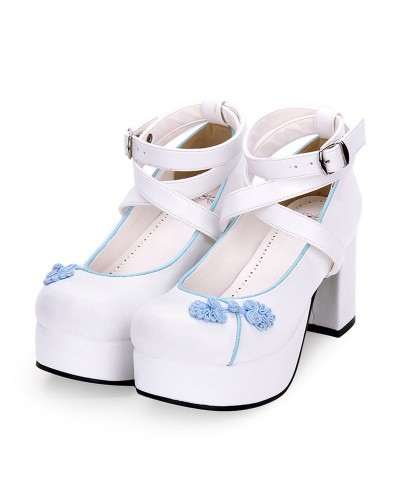 Chinese Style Lolita Shoes Embroidery Strappy Chunky High Heel Lolita Pumps Daily Casual Tea Party