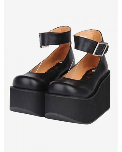 Classic Lolita Shoes Ankle Strap Buckle Square Toe Platform Black Lolita Flatform