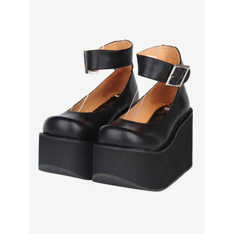 Classic Lolita Shoes Ankle Strap Buckle Square Toe Platform Black Lolita Flatform