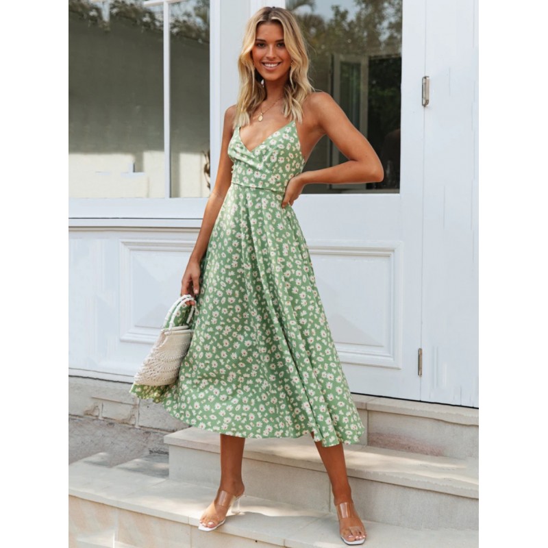 Women Sunflower Dresses Ditsy Floral Print Beach Swing Dress Summer