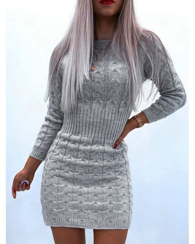 Women Grey Pullovers Cut Out Jewel Neck Long Sleeves Layered Acrylic Sweaters Classic  Traditional Winter