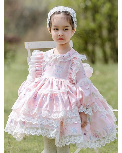 Polyester Daily Casual Lace Long Sleeves Cotton Fall Dress Floral Print Style Pink Kids' Lolita Dresses Sweet ROCOCO