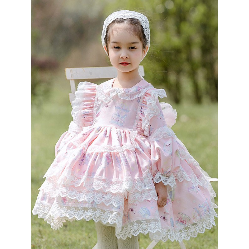 Polyester Daily Casual Lace Long Sleeves Cotton Fall Dress Floral Print Style Pink Kids' Lolita Dresses Sweet ROCOCO