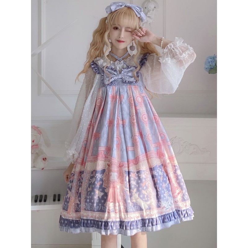 Sweet Lolita JSK Dress Light Sky Blue Polyester Sleeveless Bows Sweet Lolita Jumper Skirts