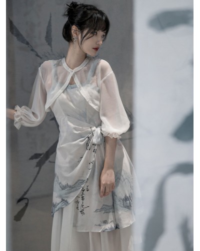 Chinese Style Lolita Dress Pleated Sleeveless Polyester Chinese Style Ink Art Baby Blue Chinese Style Lolita