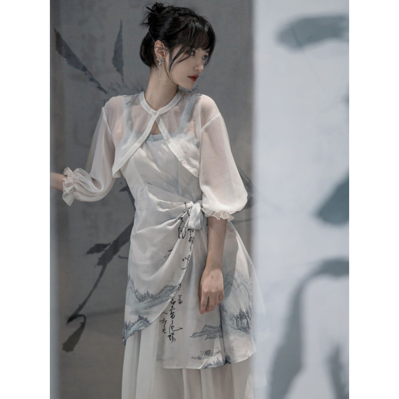 Chinese Style Lolita Dress Pleated Sleeveless Polyester Chinese Style Ink Art Baby Blue Chinese Style Lolita