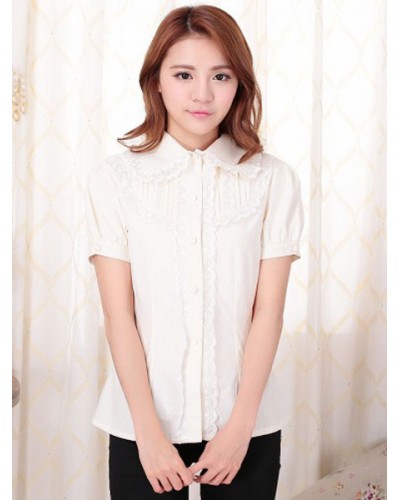 Sweet Lolita Blouses White Short Sleeve Lace Ruffles Lolita Shirts Daily Casual