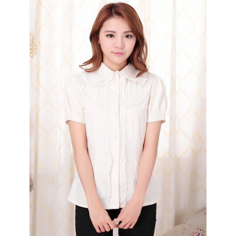 Sweet Lolita Blouses White Short Sleeve Lace Ruffles Lolita Shirts Daily Casual