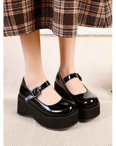 Academic Lolita Footwear Black Round Toe PU Leather Daily Casual Lolita Pumps