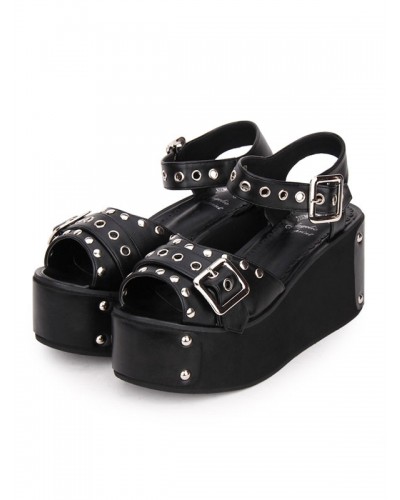 Lolita Sandals Metallic Rivet Grommet Platform Wedge Heel Black Lolita Shoes Punk Daily Casual