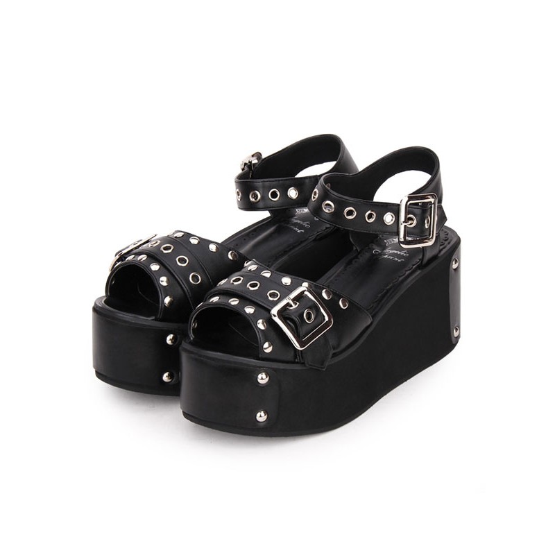 Lolita Sandals Metallic Rivet Grommet Platform Wedge Heel Black Lolita Shoes Punk Daily Casual