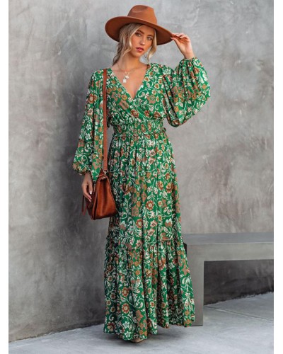 Women Maxi Dress V Neck Long Sleeves Casual Floral Print Floor Length Dress Bohemian Fall