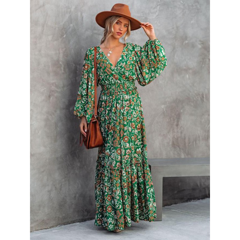 Women Maxi Dress V Neck Long Sleeves Casual Floral Print Floor Length Dress Bohemian Fall