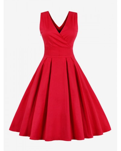 Women Dresses V-neck Sleeveless Criss-Cross 's Dress In Red Vintage Retro Summer