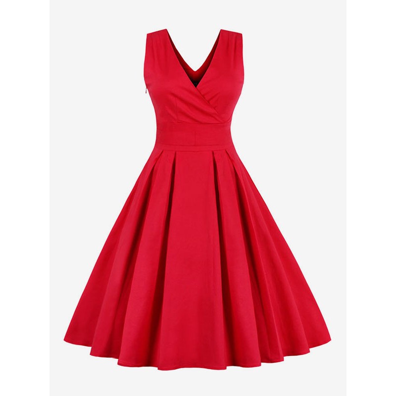 Women Dresses V-neck Sleeveless Criss-Cross 's Dress In Red Vintage Retro Summer