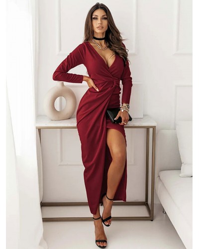 Women Party Dresses Ture Red V-Neck Long Sleeves High-slit Semi Formal Dress Maxi Spring Fall Winter