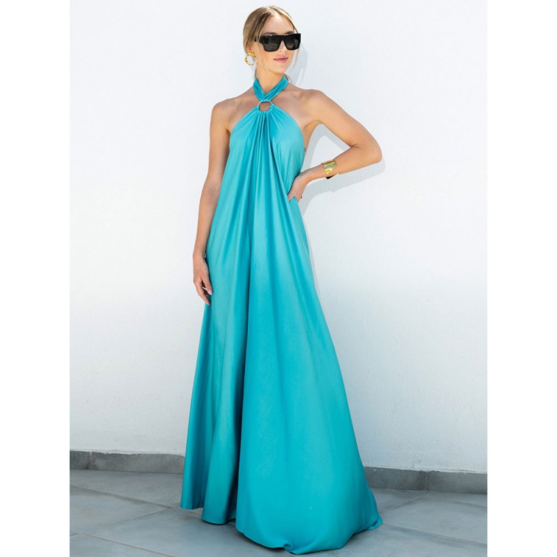 Women Party Dresses Blue Halter Pleated Sleeveless Backless Semi Formal Dress Sexy Summer