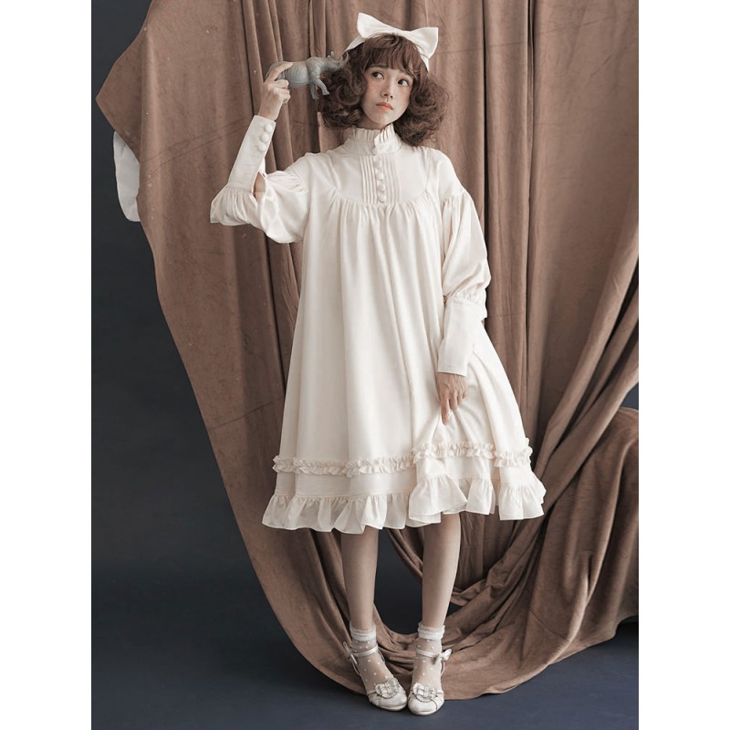 Lolita One Piece Dress Cotton Ruffle Button Ecru White Lolita OP Sweet Spring Fall Tea Party