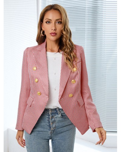 Blazer For Women Stylish Plaid Turndown Collar Long Sleeves Outerwear Classic  Traditional Casual