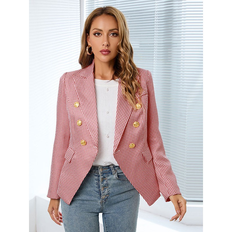 Blazer For Women Stylish Plaid Turndown Collar Long Sleeves Outerwear Classic  Traditional Casual