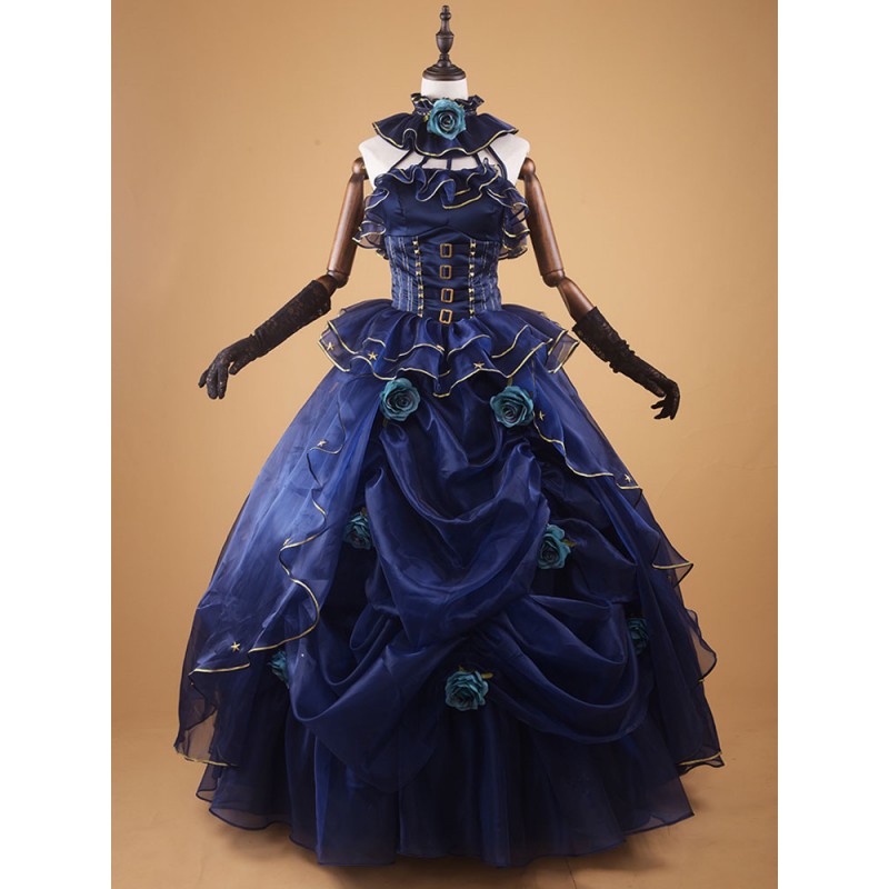 Dark Navy Retro Costume Vintage Ruffle Beaded Ball Gown Dress Costume Baroque Halloween Holiday Pageant