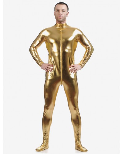 Men Golden Adults Bodysuit Cosplay Jumpsuit Shiny Metallic Catsuit For Solid